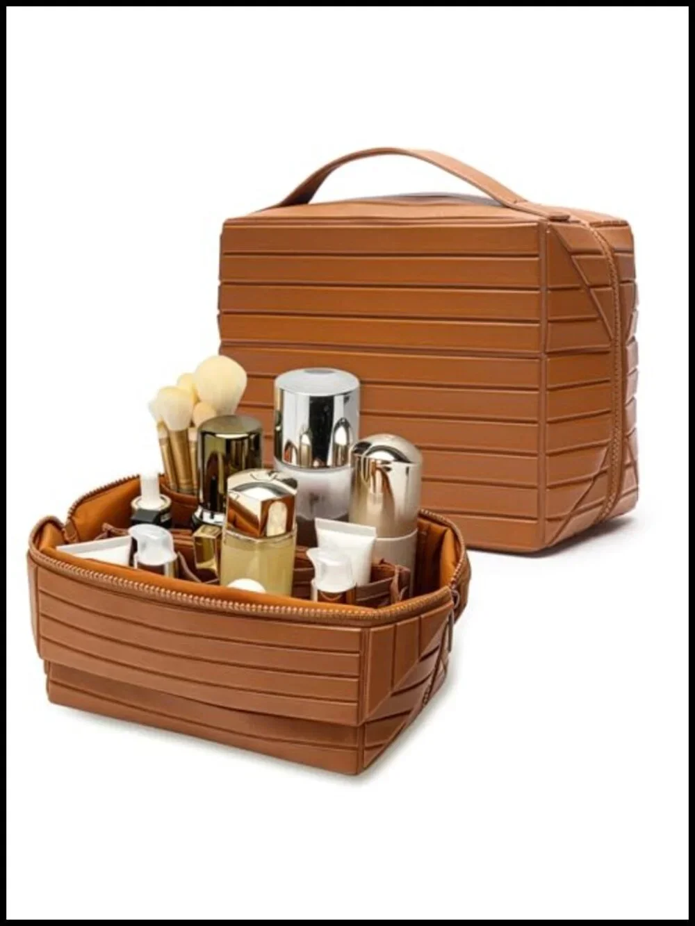 PU Leather Large Capacity Fold-Down Travel Makeup Bag with Adjustable Dividers